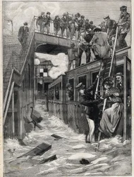 Översvämning av Gare de la Chapelle på linjen av det lilla bältet i Paris. Gravyr. I "Le Petite Parisien"