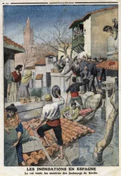 Översvämningar i Spanien: Kung Alfonso XIII (1886-1941) besöker Sevillas olycksbådande förorter. Gravyr i "" Le Petite Journal"", den 25/02/1912. Privat samling.