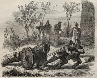 Forcats bucherons vid Toulon Bagne på 1800-talet. Gravyr i "Fångarnas historia från deras skapelse till idag" (1877) av Pierre Zaccone (1817-1895) (Colonia Penale - Straffkoloni). Privat samling.
