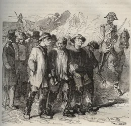 Fångar i mars vid bagne de Rochefort på 1800-talet. Gravyr i "Fångarnas historia från deras skapelse till idag" (1877) av Pierre Zaccone (1817-1895) (Colonia Penale - Straffkoloni). Privat samling.