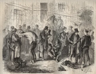 Forcats sålde sina tillhörigheter innan de gick in i Toulon Bagne på 1800-talet. Gravyr i "Fångarnas historia från deras skapelse till idag" (1877) av Pierre Zaccone (1817-1895) (Colonia Penale - Straffkoloni). Privat samling.