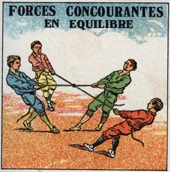Krafter: konkurrerande krafter i balans. Barn som drar i en ring, var och en i ett rep från sin sida, samtidigt som de förblir i balans. Anonym illustration från 1925. Privat samling.