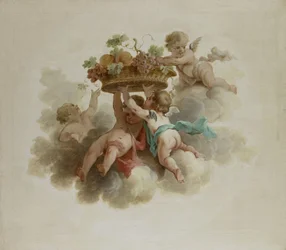 Fyra Putti bärandes en fruktkorg