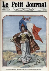 Frankrike (Marianne) skyddar nationalflaggan mot antipatriotism - "Le Petit Journal" från oktober 1909