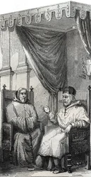 Franciskus av Paola grundare av den romersk-katolska minimiorden och påven Sixtus IV - Saint Francois de Paule (Francesco di Paola) (1416-1507), grundare av Minimesorden med påven Sixtus IV - Gravyr från 1846 i "Lives of the Heliga””. Privat samla