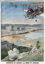 Franska Armee: "" Launching Experiences för flygbomb"". Gravyr i "" Le Petité Journal"", den 14/04/1912. Privat samling.