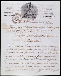 Franska revolutionen: första sidan och rubriken på ett militärt administrativt brev 4 dimma år III (1794-10-25) daterat 18 Frimaire år III (1794-12-08) med den republikanska inskriptionen "Liberte Egalite, Fraternite ou la Mort" och symboler av Franco-Maco