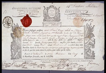 Franska revolutionen: officiellt dokument av militär conge daterat 15 Brumaire år V (1796-11-05) av en sergeant från distriktet Coutances. Institutionsarkivet för Nord Lille