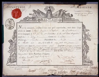 Franska revolutionen: officiellt dokument av militär conge daterat 5 Prairial år IV (24/05/1796) av en löjtnant från brigaden i distriktet Cambrai. Institutionsarkivet för Nord Lille