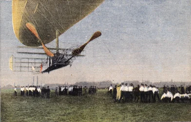 Från Compiegne till London med luftskepp: landningen av Bayard-Clement (Bayard Clement) till Wormwood Scrubbs. Gravyr. En av tidningen "" Le petit parisien"" den 30/10/1910. Privat samling.