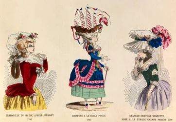 Från vänster till höger: Deshabille du matin kallad Pierrot 1787; Frisyr a la Belle Choule 1780; Hatt hatt och klänning en turkisk stor prydnad 1786 - privat samling