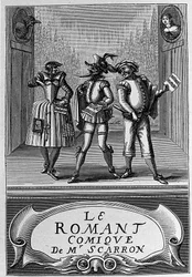 Frontispice av boken "The Comic Roman" av Paul Scarron (1610-1660), fransk författare. Gravyr av 1700-talet.
