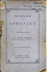 Frontispice av boken "Zur Auffassung der Aphasien"" (Om afasi: en kritisk studie. Med 10 gravyrer i texten) av Sigmund Freud, skänkt till Jean Martin Charcot (1825-1893) av författaren (fd Charcot-elev). Leipzig och Wien