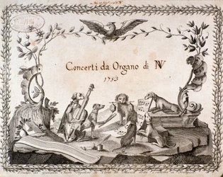 Frontispice av en musikmusik med representation av djur som spelar musikinstrument (1783)