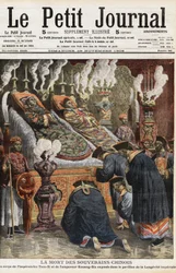 Kinesiska härskares begravning: kropparna av Imperator of China Yehenara, kejsarinnan Xiao Ding Jing (1868 - 1913) och kejsar Guangxu eller Kuang-Siu (Kouang Siu), Kinas kejsare under Qingdynastin (1872-1908) utställda i paviljongen av imperiale longevite.
