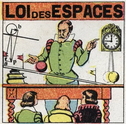 Kornighet: rymdens lag. Galilee (eller Galileo Galilei (1564-1642) observerar rörelsen av en boll på ett lutande plan för att studera kropparnas fall. Anonym illustration från 1925. Privat samling.