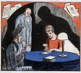 Grafologi: en grafolog, konsulterad av ett gammalt par, läser med ett förstoringsglas en individs handskrivna skrift för att härleda psykologiska drag. Gravyr i "" Le Petite Journal illustrious"" 1926. Privat samling.