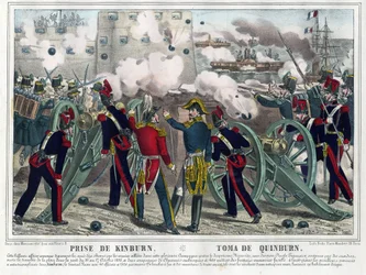 Krimkriget - Slaget vid Kinburn (1855) - Bombardemanget av Kinburn - Anonym - 1857 - Litografi, akvarell - 29,5 x 42,7 - Privatsamling