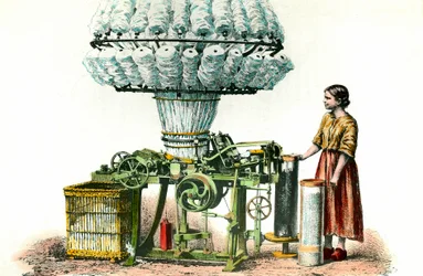 Habner comber används för att spinna ull. 1800-talsgravyr privat samling.