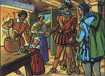 Henrik IV och kycklingen i grytan. Anonym illustration i ""Samling av Frankrikes suveräner och statschefer"". 1900-talet. Privat samling.