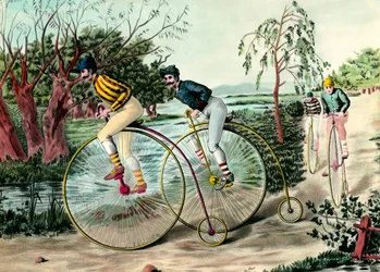 Cykelns historia: race of grand bi (grand bi). Gravyr av 1900-talet. Privat samling