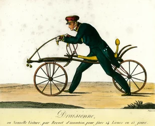 Cykelns historia: draisienne, en mycket populär ny bil runt 1818. Gravyr från 1818. Privat samling
