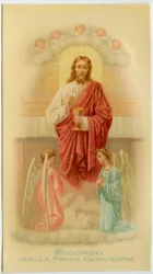 Andaktsbild: Första kommunionen, Jesus håller hostian