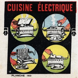 Hushållens användning av el: elektriskt kök med grill. Anonym illustration från 1925. Privat samling.