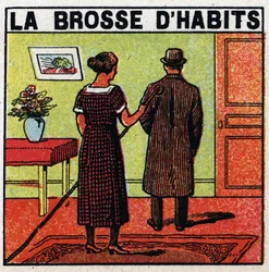 Hushållens användning av el: klädborsten. Anonym illustration från 1925. Privat samling.