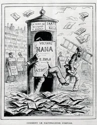 Hur naturalism påtvingas: satirisk teckning på den naturalistiska romanen om boken "Nana" av Emile Zola. Gravyr av 1800-talet. Privat samling.