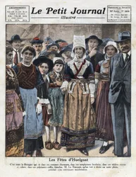 Huelgoat fester i traditionell bretonsk kostym med anledning av ett initiativ till förmån för återupplivandet av regionala seder. Illustration hämtad från "" Le petit journal illustrious""" av 1921-10-09. Privat samling