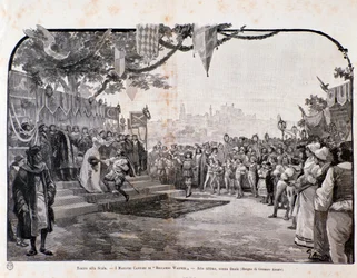 Illustration för sista scenen av Nürnbergs mästarsångare av Wagner, för representationen i Teatro alla scala