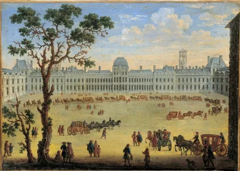 Fantasifull utsikt över palatset och Tuilerieparken Anonym målning. 1600-talet. Dämpa. 0,35x0,49 m.