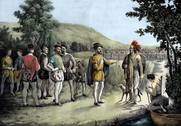 Jacques Cartier, hans första intervju med indianerna i Hochelaga nu Montreal 1535 (litho