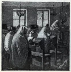 Judiska högtider: fideles under bönen i ett oratorium under helgerna. Gravyr i "Le monde illustree" från 1892. Privat samling.
