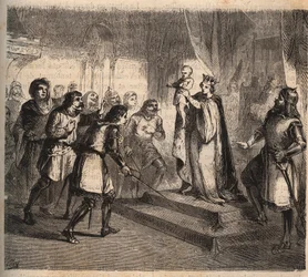 Jeanne av Flandern (1295-1374), hustru till Jean de Montfort, hertig av Bretagne (1293-1345) presenterar sin son, Johannes IV av Bretagne, greve av Montfort (känd som den tappre eller erövraren)
