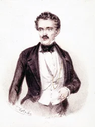 Johan Strauss Jr. (1825 - 1899), författare till "Vackra blå Donau" och "Bat - Mus" 1874. Teckning.