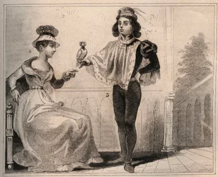 Johannes II av Valois, hertig av Alencon (1409-1476) med Marie de Fayel. Gravyr från 1859 i "" Le Monde. Alla folks historia från de mest avlägsna tiderna till våra dagar”. av M. E. de Lostalot-Bachoue (Lostalot Bachoue). Privat samling.