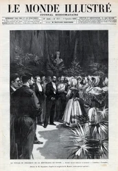 Sadi Carnots (1837-1894) resa till Savojen: Republikens president välkomnas i Chambery av unga flickor som erbjuder honom en bukett blommor. En tidning. Gravyr i "Le monde illustree" från 1892. Privat samling.