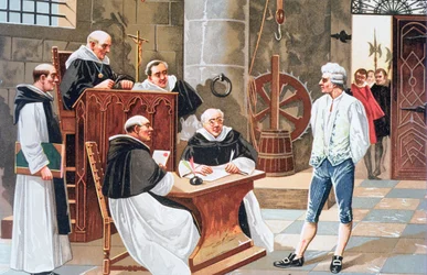 Dom vid domstolen i Ginebra av den spanske teologen Miguel Serveto, som dömde honom till att brännas på bål för kätteri 1553
