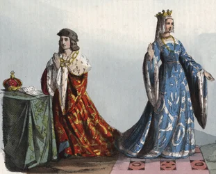 Kung Henrik VI av England och hans drottninggemål Margareta av Anjou - Henrik VI av England (1421 - 1471) och Margarita av Anjou (1429 - 1482) - gravyr från "" Seder och seder hos alla folk i universum. Det är historien om regeringen, lagarna, milen