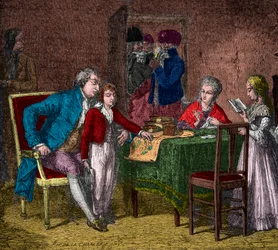 Kung Ludvig XVI och kungafamiljen hölls i templet under överinseende av revolutionärerna, gravyr, privat samling