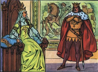 Kung av Frankrike Ludvig X Hutinen (1289-1316) med Margarita av Bourgogne (1290-1315). Anonym illustration i ""Samling av Frankrikes suveräner och statschefer"". 1900-talet. Privat samling.