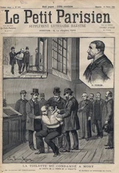 La Toilette du convicne ett dödsfall (Deibler) vid registret för fängelset de la Roquette - Gravyr i "" Le petit Parisien"" från 1891. Privat samling.
