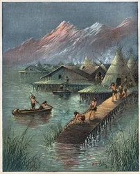 Lake Village, Förhistorisk Lake Cite (Village bati sur stilotis) (The palafitte, Palafitta) Gravyr från 1892.