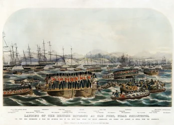 Den brittiska divisionens landning vid Old Fort, nära Sevastopol - Anonym - 1854 - Färglitografi - 29,8x42 - Privat samling