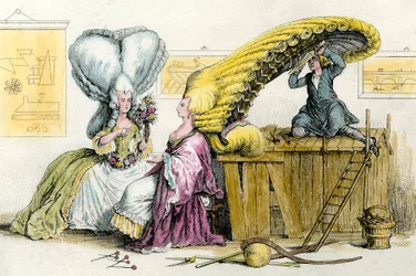 Stora excentriska frisyrer: unga kvinnor från adeln stylade av en peruk. Gravyr från 1788 privatsamling