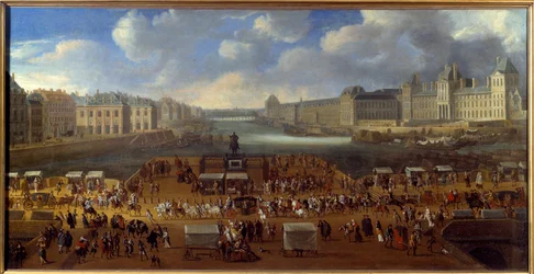 Le Pont Neuf sett från ingången till Place Dauphine, passage av en kortege på bron i 1669 Anonym målning. Sol. 0,81x1,62 m Paris, musee Carnavalet