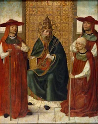 ""Kardinal Pedro Gonzalez de Mendoza ber tillsammans med Sankt Peter"" (Kardinal Pedro Gonzalez de Mendoza (1428-1495) ber före Sankt Peter) Anonym målning 1490–1495 Museo del Prado, Madrid