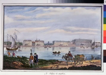 Marmorpalatset och Neva-vallen i Sankt Petersburg. Anonym litografi, akvarellfärgad, 22 x 32 cm